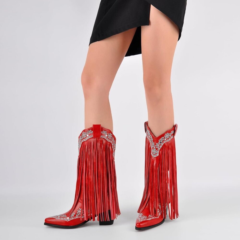 ⚡Women's Red Mid Calf Cowgirl Boot With Rivets Pull On Chunky Heel Embroidered - Picture 2 of 6